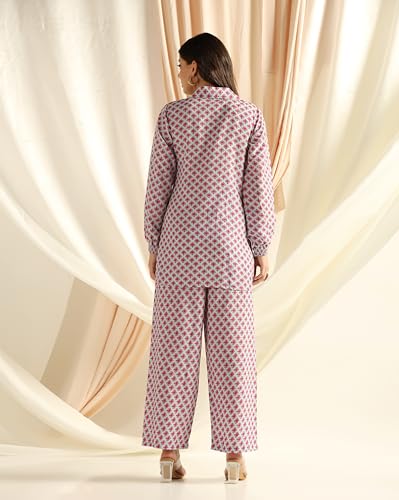 Image of DHRUVI TRENDZ Co Ord Set for Women Stylish | Ethnic Cotton Casual Cord Set | Stylish Summer Kurta & Pant Set | Casual Daily Outfit Night Suit for Women | Full Sleeve Top with Relaxed Fit Trousers
