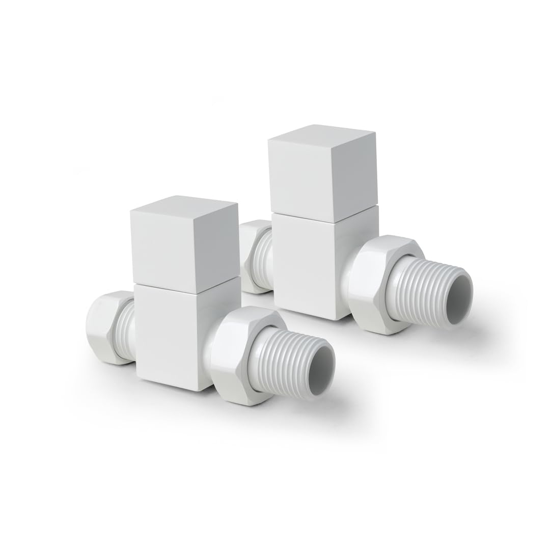 White Straight Radiator Valves Square Top Modern Radiator Valves Pair of 15mm x 1/2" (Set of 2) for Heated Towel Rails & Central Heating Radiators White Radiator Valve Set