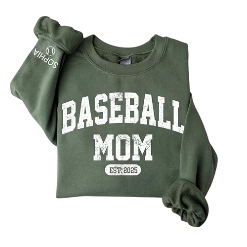 CHILLEVER Personalized Baseball Mom Sweatshirt – Custom Name Sports Mom Crewneck with EST Year, Game Day Baseball Team Spirit Pullover, Senior Night or Tournament Gift for Proud Moms