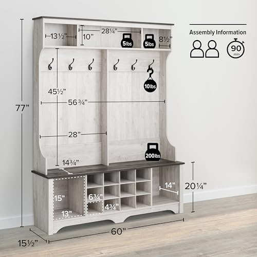 Image of Prepac Farmhouse Washed White Hall Tree, Shoe Cabinet, Storage Cabinet with 12 Shoe Cubbies, 2 Boot Cubbies and 6 Double Coat Hooks 15.5 inch D x 60 inch W x 77 inch H