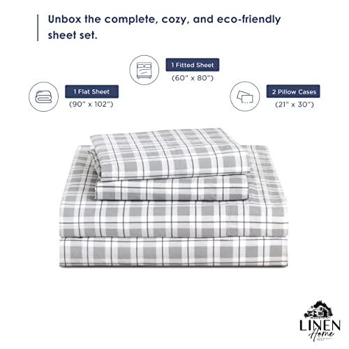 Image of Linen Home Cotton Lyocell Blend Percale Sheet Set Queen Size - 4 Piece Deep Pocket Bedding, Pre-Washed & Shrunk, Crisp Cooling Fabric, Fade-Resistant, Hotel Luxury, Wrinkle-Free - Checks Silver