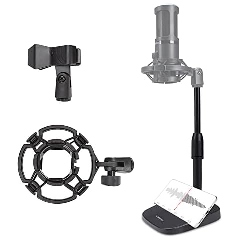 Desk Mic Stand, Podcast Mic Stand, Table Gaming Short Mic Stand, Height Adjustable with Shock Mount and Mic Clip Phone Slot Weighted Base for Broadcast Studio Recording for AT2020 Shure Rode Cover
