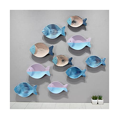 Banc de poissons en métal et bois, sculpture murale 3D, art mural vintage nautique 10 pcs