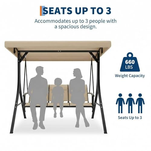 Image of GarveeLife 3-Seat Patio Swing Chair, Outdoor Porch Hanging Chairs with Adjustable Canopy and Armrests, Breathable Textilene Fabric Seat & Backrest, Swing Bench for Garden, Poolside, Backyard, Beige