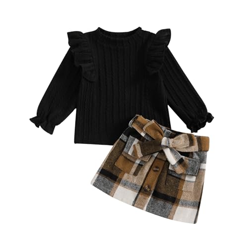 Toddler Girls Fall Outfits 2Pcs Winter Clothes Set Spring Casual Long Sleeve Ruffle Tops and Plaid Skirts Sets2