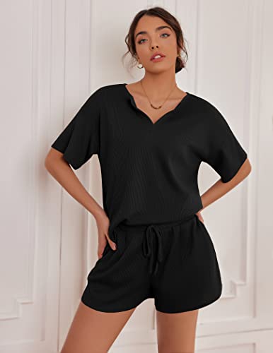 Ekouaer Knit Pajamas Set For Women Lounge Sets Short Sleeve Top And Shorts 2 Piece Outfits Sweatsuit Sweater Sets Black M #TOP1