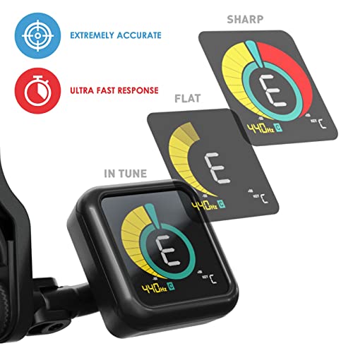 Image of KLIQ UberTuner-MAX USB Rechargeable Clip On Guitar Tuner -Black Version | Acoustic & Electric Guitar, Bass, Ukulele, Violin - Chromatic Tuner with Octave Display, Multi-Instrument Clip-On Tuner