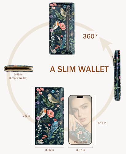 Image of Immaturus Bird Womens Wallet RFID Blocking Slim Thin Credit Card Holder | Long Bifold, 11 Card Slots, Cash Purse, Zipper Coin Pocket, Travel Clutch Billfold, PU Leather, ID Window, Ladies Woman Gift