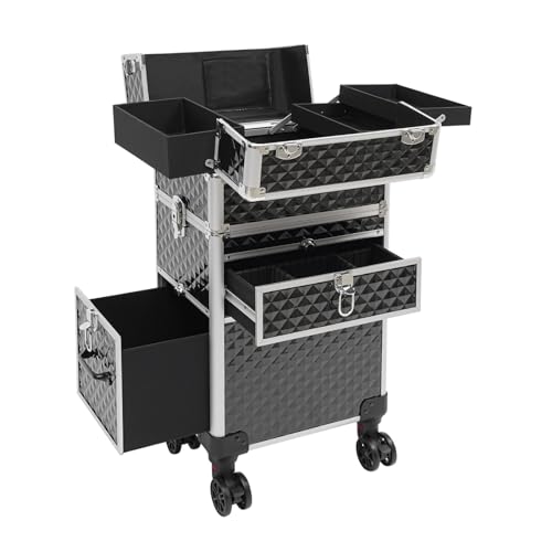 CRYBY Rolling Makeup Case, Professional Rolling Makeup Train Case Makeup Organizer with Shoulder Strap & 4 Keys, Large Storage Cosmetic Trolley Salon Barber Case Traveling Cart Trunk, Capacity 110lbs