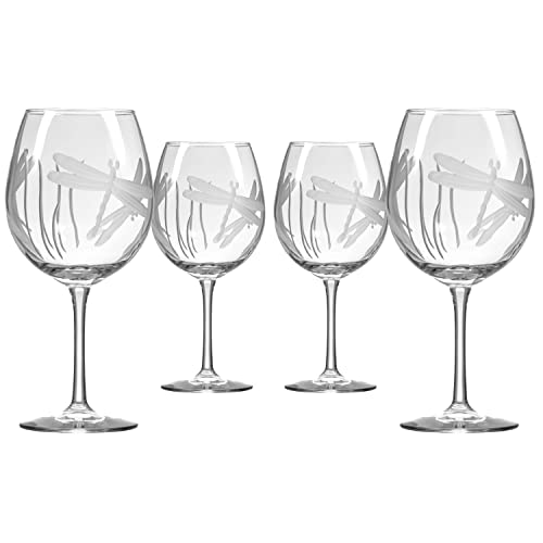Rolf Glass Dragonfly Red Wine Balloon Glass 18 ounce - Set of 4 Stemmed Red Wine Glasses - Lead-Free Crystal Glass - Etched Red Wine Glasses - Designed and Engraved in the USA