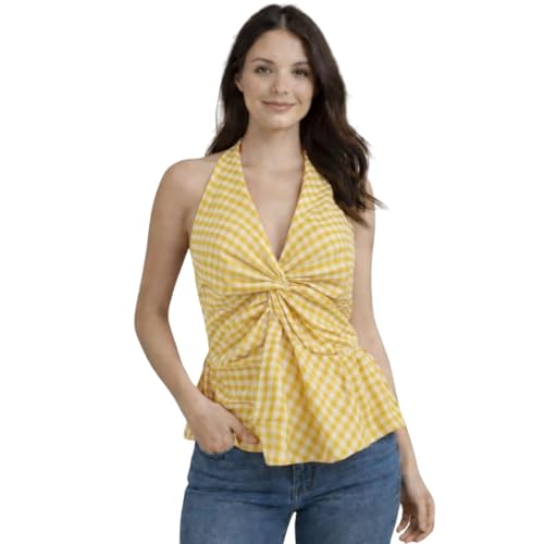 Image of Muhib Women's Halter Neck Sleeveless Cotton Top | Black & White Gingham Check Twist Front Summer Top | Stylish Casual Crop Blouse for Women