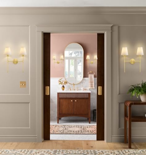 Image of Wall Sconce with Flared White Textile Lamp Shade, Double Sconces Wall Lighting Bathroom Light Fixtures, Gold Brushed Wall Lights Wall Lamp Vanity Light Fixtures with Long Arms, E26 Base