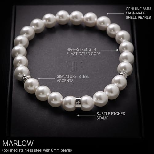 Forge & Foundry Men's 8mm Shell Pearl (Man-Made) Bracelet [Small, Medium, Large and Adjustable Sizing Options] | Marlow | Silver - Medium4