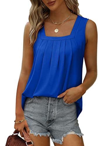 Image of Saloogoe Summer Tank Tops for Women Loose Fit Pleated Square Neck Sleeveless Tops Curved Hem Flowy