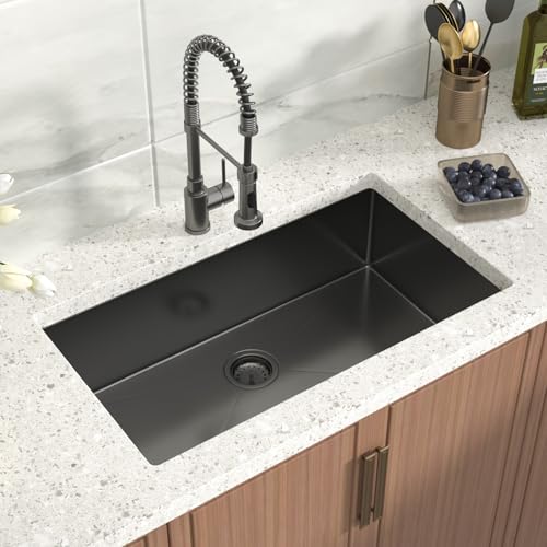 Shinmou Black Undermount Kitchen Sink 30x18x9 Inch Single Bowl 18 Gauge Stainless Steel Under...