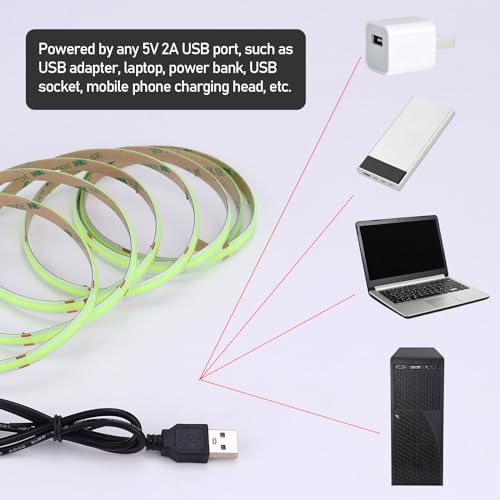 Image of DC 5V USB COB Green LED Strip Light Dimmable IP65 Waterproof 6.6ft /2M | USB Powered 640LEDs with Dimmer High Brightness Flexible LED Tape Lights