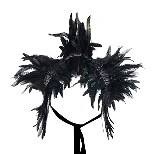 Niceyoeuk Women Natural Feather Cape Maleficent Costume Gothic Lacing Shawl Shrug Collar Feather Cape for Halloween Cosplay Christmas Party (Black, One Size)