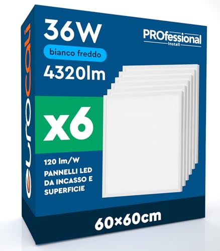 6 Pannelli LED 60x60 36W Quadrati Incasso e Superficie 4320 Lumen Driver Integrato - Luce Fredda 6500K - Plafoniera da Ufficio Alta Luminosità 120 lm/W Lampada da Soffitto per Controsoffitti Modulari