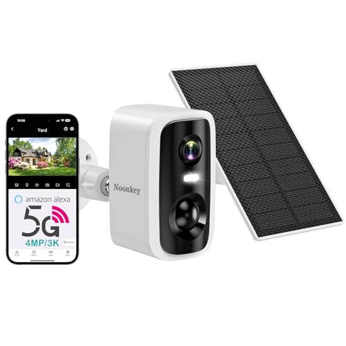 Image of Noonkey Wireless Solar Outdoor Security Camera, 4MP Dual Band 2.4G&5G WiFi Battery Powered Cam with Spotlight Siren, Human Detection, Color Night Vision, IP65 Waterproof, Compatible with Alexa