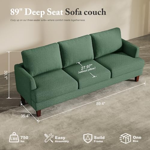Image of Busaurus 3 Seater Sofa Couch with Deep Seats, 89 inch Mid Century Modern Upholstered Sofa with Armrests, Comfy Couches for Living Room, Bedroom, Apartment and Office (Green)