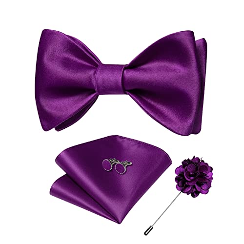 Image of DiBanGu Solid Color Bow Ties for Men Formal Satin Self Tied Bowtie with Lapel Pin Pocket Square Cufflinks for Wedding Party