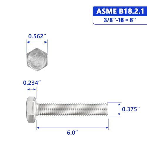 Image of 3 /8 inch-16 x 6 Hex Head Screw Bolt,Fully Threaded,304 Stainless Steel 18-8,UNC Coarse Thread,5 Pcs.