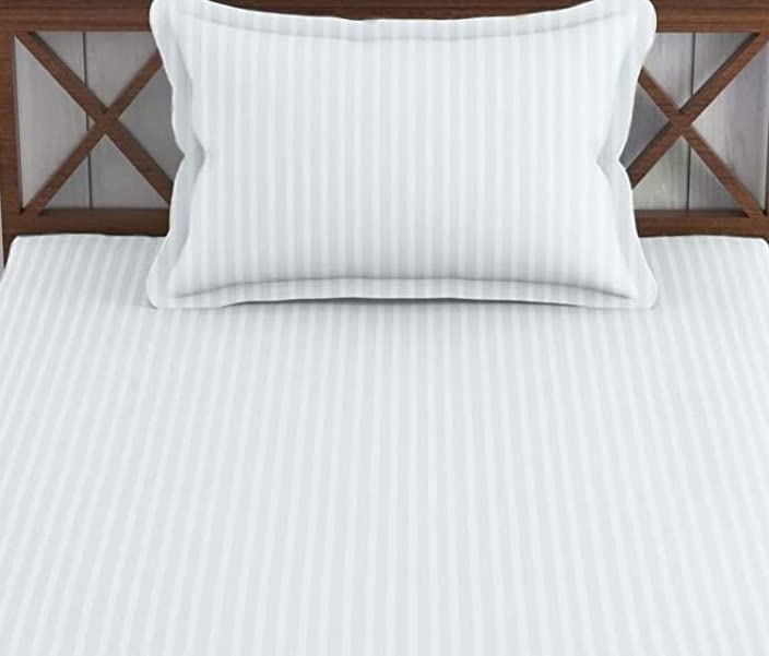 Image of Trance Home Linen Cotton 300TC Satin Stripe Single Fitted Bed Sheet with 1 Pillow Cover (78 x 36 inch, White)