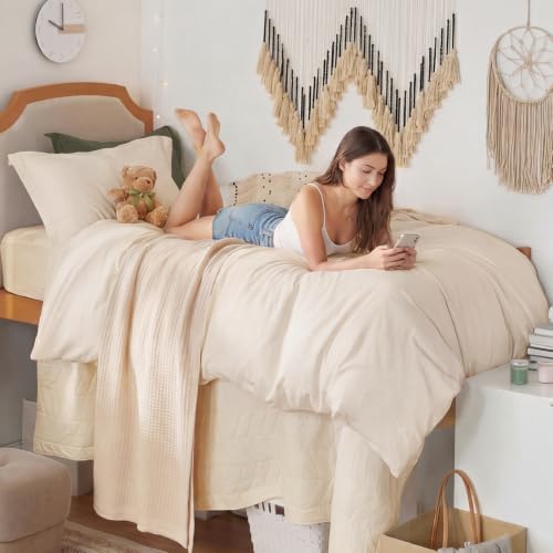 Image of Bedsure Prewashed Twin /Twin XL Duvet Cover, Cotton-Like Bedding Set, Cream | Ultra Soft, Relaxed Texture, Twin XL Breathable Comfort, Hidden Zipper, 8 Corner Ties, Easy Care, OEKO-TEX, Year-Round Use