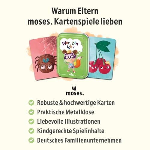 Moses. Wer Bin ich? Zeitloses Kinderspiel für die ganze Familie, Gesellschaftsspiel mit 40 lustigen Illustrationen, Reisespiel in Metalldose für unterwegs, für Kinder ab 5 Jahren und 2-6 Spieler