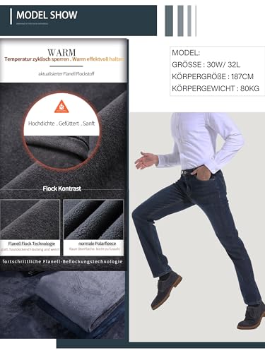 ziilay Thermojeans Herren Thermohose Schneehose gefütterte Winterhose Winterjeans mit Fleece gefüttert Hosen 6557HBL32W30L