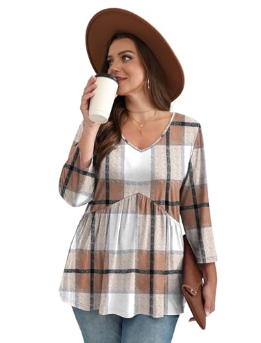 Image of OFEEFAN 3 /4 Length Sleeve Womens Tops 2026 Blouses for Women Dressy Casual Fashion Clothing V Neck Babydoll Tops Fall Outfits