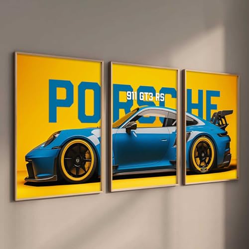 Image of HOMESY Sports Car Framed Posters Gift Items for Boys Room | Wall Decoration for Bedroom Living Room Office Gaming Room Decor | Sports Car Poster with Frame for Wall Decor Set Of 3 Size (13x17 inch, BROWN)