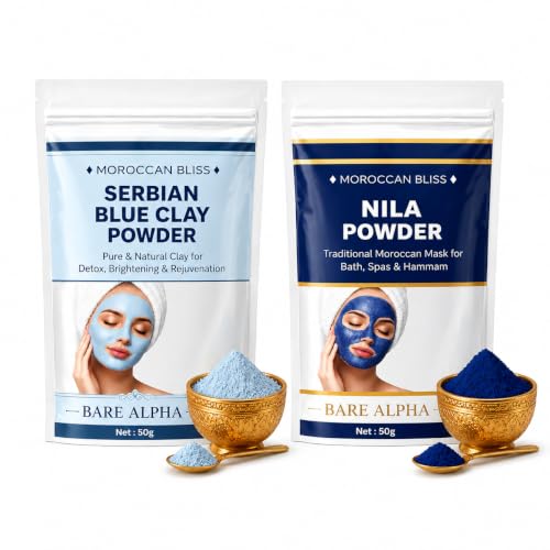 Image of Moroccan Nila Powder For Face - 100% Natural Blue Powder for Skin Brightening, Tan Removal & Detox | Traditional Moroccan Hammam Beauty Treatment For Face & Body Care (50g + 50g (Nila + Serbian))
