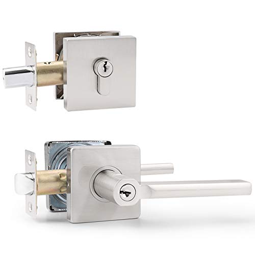 Big Sale (1 Set) Entry Door Lever Lockset Handle with Double Cylinder Deadbolt, Combo Pack Keyed Alike Front Door Combination Set,Satin Nickel Finish Square Locking Security Lever Handleset by Probrico