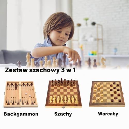 JurciCat Drewniane Szachy Przenośne Składane Szachy Drewniane Wysokiej Jakości 3 w 1 Zestaw Szachów dla Działań Rodzinnych Impreza Dorośli Dzieci Podróż
