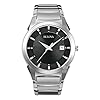 Bulova Reloj de cuarzo con fecha y calendario de 3 manecillas para hombre, esfera estampada, 1.496 pulgadas, Acero inoxidable/esfera negra, Pulsera clásica de cuarzo plateado de acero inoxidable