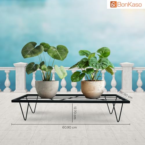 Image of BonKaso Heavy Duty Rectangle Plant Stand: 60.9X 20.3 x 12.7 cm, Black - Set of 4, Modern Design for Indoor & Outdoor Use, Sturdy, Anti-Rust Planter Stand for Garden, Balcony, Patio