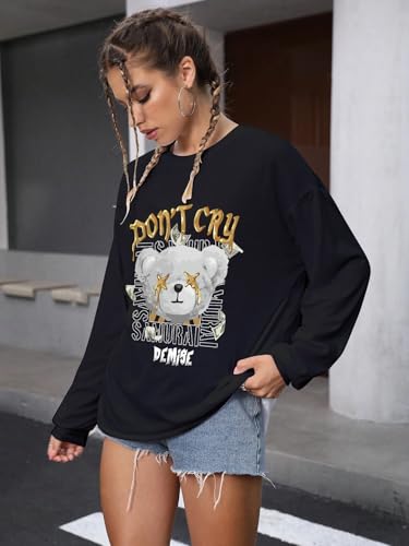 Image of CHKOKKO Oversized Round Neck Drop Shoulder Printed Polyester Full Sleeves T-Shirt for Women