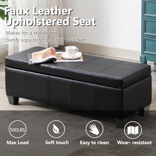 Image of 51 Inch Storage Ottoman, Storage Bench with Safety Hinge, Upholstered Synthetic Leather Ottoman Bench for Bedroom, Living Room, Entryway, Hallway, Foot Rest, Support 500lbs, Black