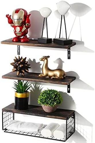 Floating Shelf ,Floating Shelves Wall Mounted Set of 3 ,Solid Wood Floating Shelves with Brackets and Basket Set,Rustic Wood Wall Shelves for Kitchen Living Room,Bedroom Shelves,Bathroom Shelf (Black)