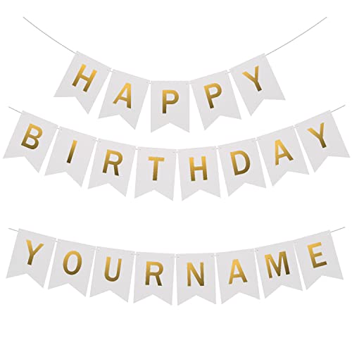 Uorbmaio White Happy Birthday Bunting with Name: Custom Garlands with 2 set 26 Letters to Spell Name or Words DIY Birthday Banner