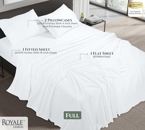 Image of ROYALE LINENS 100% Organic Cotton Full Sheet Set - 16 inch Deep Pocket Bed Sheets - Eco Friendly White Bed Sheets - Sabanas Full - 1 Flat, 1 Fitted & 2 Pillowcases - White Sheet Set - Cotton Bedding Sets