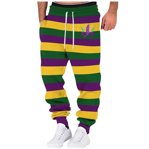 Elastic Waist Pants for Men Color Block Mardi Gras Print Exercise Pants Comfy Relaxed Fit Joggers Sweatpants