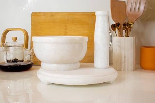 Image of B R & SONS Marble Mortar Pestle 7 Inch White - Imam Dasta Khalbatta Okhli Kharal Large Kitchen Spice Grinder Set