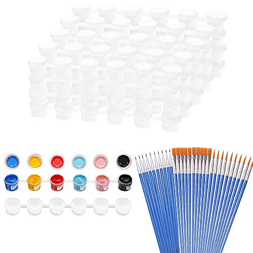 YRONTY 48 Pots Mini Empty Paint Pots with Lids, 3ml /0.1oz Paint Container Paint Stoage Strips with 30 Pieces Paint Brushes for Home School Painting Arts Crafts Supplies