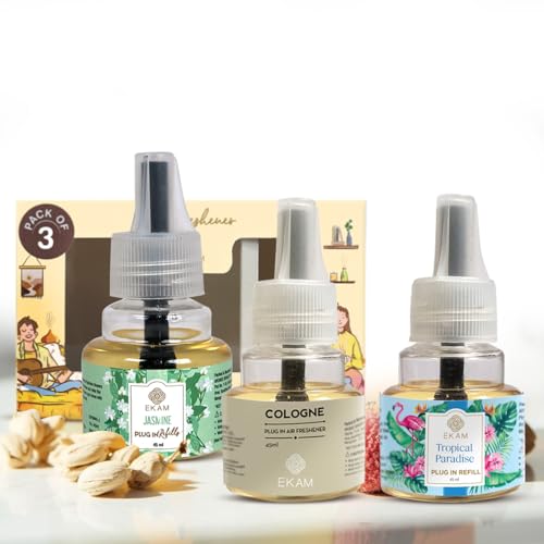 Image of EKAM | Combo Pack Of 3 | Floral, Woody & Fruity Fragrance Scented Plug-In Air Freshener Refill| 45 Ml Each | Lasts up to 125 Days Each / 500 Hours Each | Perfect for Living Rooms, Bedrooms & More