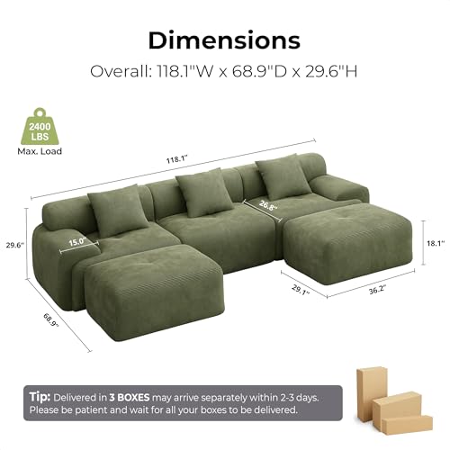 Image of LIKIMIO LumiCord 118 inch Tufted Modular Sectional Sofa, Modern U-Shaped Boneless Couch for Living Room, 26.8 inch Deep Seat, 18.1 inch High Seating, 15 inch Wide Armrest, Corduroy, Olive Green