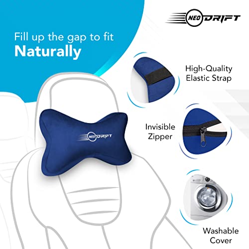 Image of Neodrift 'NeckBone' - Neck Rest Cushion Orthopedic Velvet Memory Foam Pillow for Neck, Head, Shoulder Support - Pain Relief for Car, Set of 2 (Colour-Blue)
