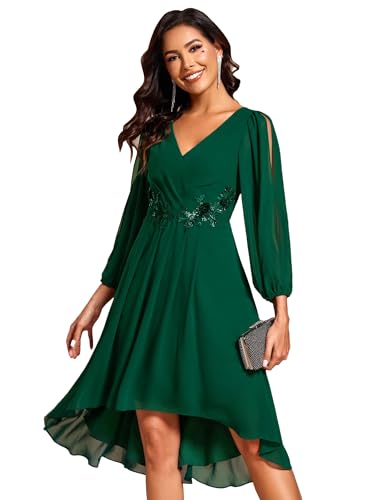 Ever-Pretty Vestido de Invitada Boda con Cuello en V para Mujer Vestido de Manga Larga con Apliques Verde Oscuro 38