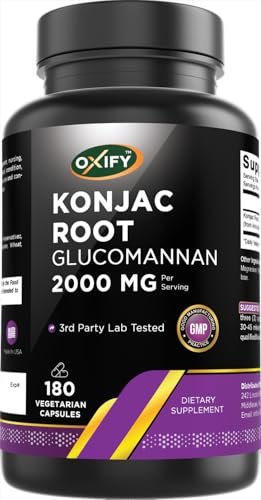 Oxify Konjac Root Glucomannan 2000 mg | 180 Vegetarian Capsules | Gluten-Free Non-GMO | Supplement Made in USA